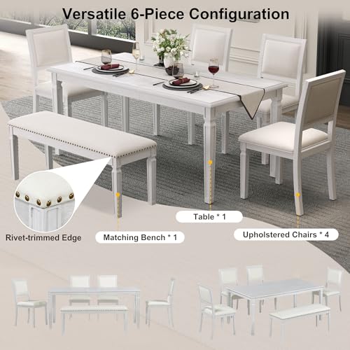 Hlcodca 6-Piece Extendable Dining Table Set with 4 Chairs & Bench, 59 to 72-Inch Rustic Farmhouse Kitchen Table Set with Distressed Finish and Retro Carved Legs (Beige+White Washed) Hlcodca