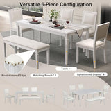 Hlcodca 6-Piece Extendable Dining Table Set with 4 Chairs & Bench, 59 to 72-Inch Rustic Farmhouse Kitchen Table Set with Distressed Finish and Retro Carved Legs (Beige+White Washed) Hlcodca