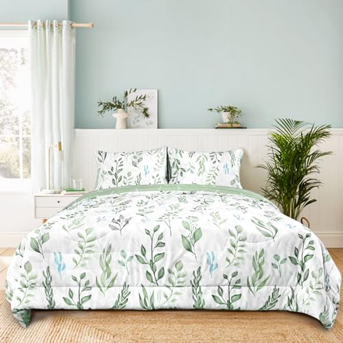 DILIMI Twin Comforter Set for Girls, Reversible 5 Pieces Comforter Twin Size Bed, Green Leaf Ultra Soft Twin Bedding Sets with Comforter, Flat Sheet, Fitted Sheet, 2 Pillowcase DILIMI