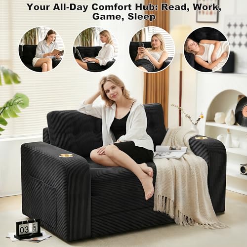 55" Convertible Sofa Bed, 2 in 1 Futon Sofa Bed with Storage Pockaets, Folding Couch Bed with Cup Holders, Boneless Loveseat Sleeper Sofa, Fold Out Floor Couch for Living Room Bedroom Lounge (Black) Hretanant