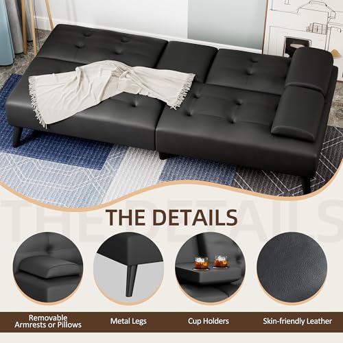 Shintenchi Futon Sofa Bed, Leather Foldable Couch, Reclining Sleeper with Removable Armrests, Upholstered Loveseat Sofa Couch with Folding Cup Holders for Home, Office(Black) Shintenchi