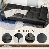 Shintenchi Futon Sofa Bed, Leather Foldable Couch, Reclining Sleeper with Removable Armrests, Upholstered Loveseat Sofa Couch with Folding Cup Holders for Home, Office(Black) Shintenchi