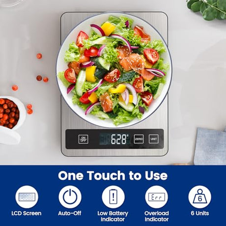 【33 lb & USB Rechargeable】 Digital Kitchen Food Scale Kitchen Scale, Stainless Steel Digital Weight Grams and Oz, Baking and Cooking, 0.1oz/1g Precise, 6 Weight Units (B1) izeyu