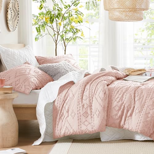 Comfort Spaces Comforter for Queen Size Bed, Geometric Diamond Tufted Boho Comforter Set Queen, All Season Lightweight Bedding Set, Matching Sham, Full/Queen Pink 3 Piece Comfort Spaces