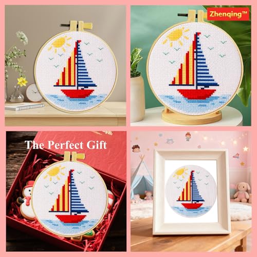 Zhenqing Sailboat Cross Stitch Kit for Beginners with Hoop, 14CT Striped Boat Design, 16x16cm Nautical Embroidery Set (70823)