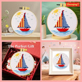 Zhenqing Sailboat Cross Stitch Kit for Beginners with Hoop, 14CT Striped Boat Design, 16x16cm Nautical Embroidery Set (70823)
