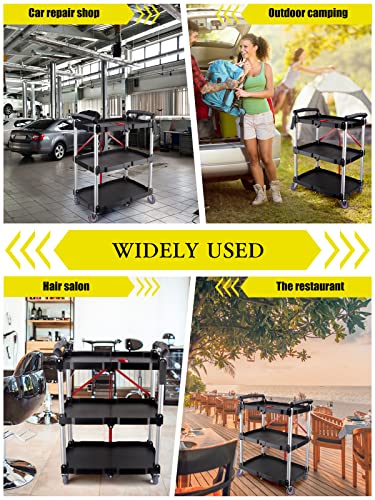 EBANKU Folding Collapsible Service Cart, Heavy Duty 3-Shelf Rolling Tool Cart, Supports Up to 150 lbs for Warehouse Storage, Garage, Cleaning EBANKU