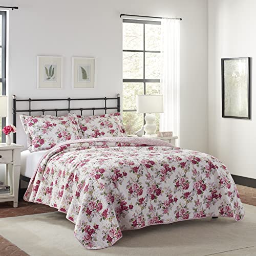 Laura Ashley - Twin Quilt Set, Reversible Cotton Bedding with Matching Sham, Lightweight Home Decor for All Seasons (Lidia Pink, Twin) Laura Ashley