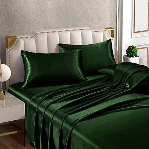 Horbaunal 6 Piece Satin Sheet Set King Size Luxury Silky & Soft Emerald Green Satin King Bed Sheet Set with 16" Deep Pocket, 1 Fitted Sheet, 1 Flat Sheet, 4 Pillowcases Horbaunal