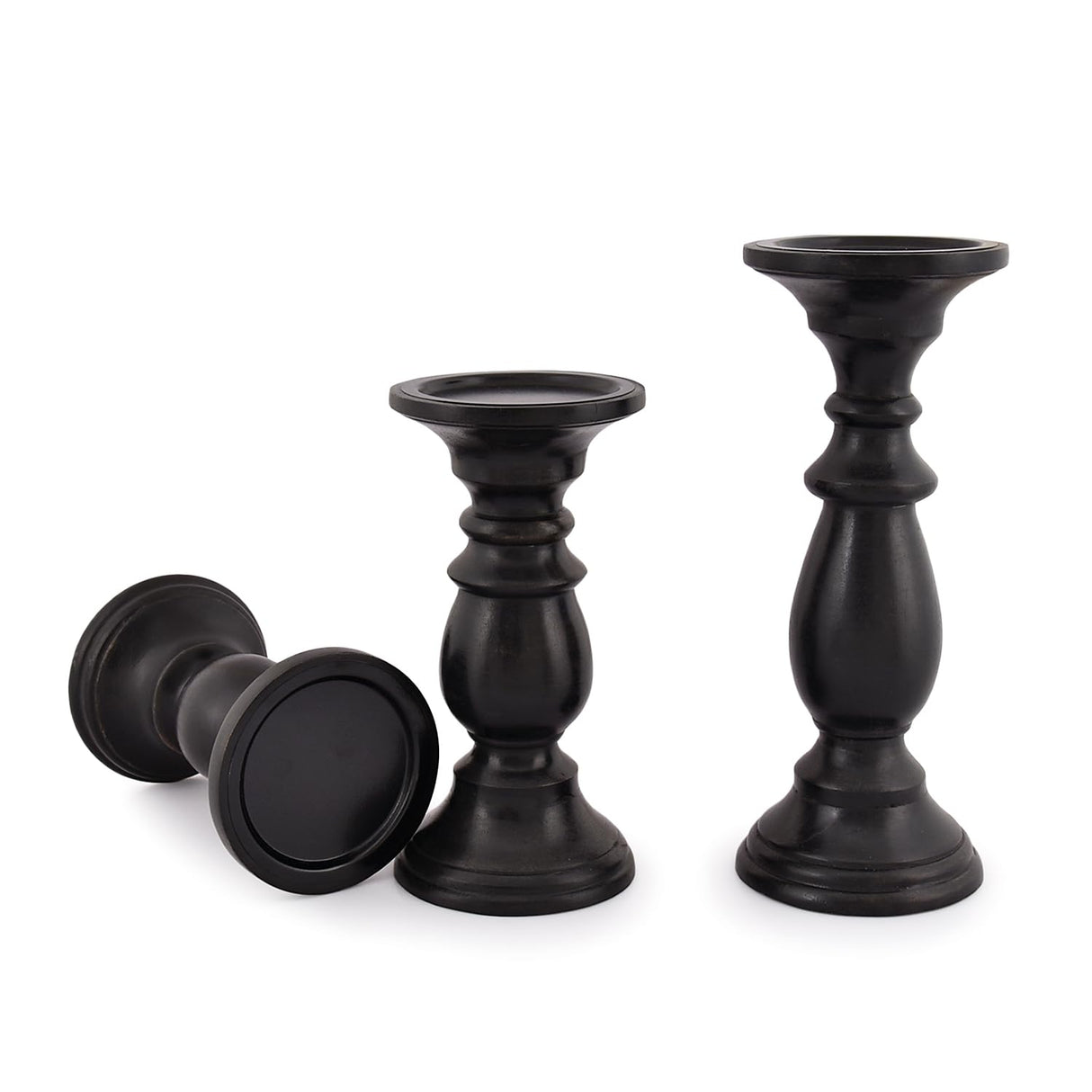 SAMHITA Set of 3 Farmhouse Mango Wood Candle Holders, in Black Finish for Table Centerpiece Candle for Any Room Decor Samhita