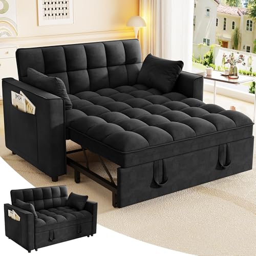 3 in 1 Convertible Sleeper Sofa Bed, 52'' Velvet Pull Out Couch Bed with Comfy Pillows & Adjustable Backrest/Side Pockets,Futon Loveseat Sleeper Sofa for Small Spaces Living Room Bedroom (Black) HRVEOCEI