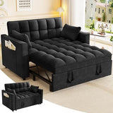 3 in 1 Convertible Sleeper Sofa Bed, 52'' Velvet Pull Out Couch Bed with Comfy Pillows & Adjustable Backrest/Side Pockets,Futon Loveseat Sleeper Sofa for Small Spaces Living Room Bedroom (Black) HRVEOCEI