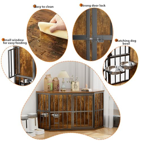 APRILSOUL 42 inch Furniture Dog Crate Corner, Dog Kennel Corner Wooden End Table with Bowl, Indoor Pet Crates Corner Side Table for Dogs, Wide Top Perfect for Limited Room APRILSOUL
