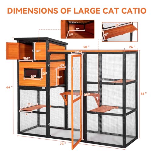 PETSFIT Large Catio Outdoor Cat Enclosure with Waterproof PVC Roof, 4 Larger Platforms and 2 Private Resting Rooms, Orange Large Cat Catio Outdoor, Spacious Shelter for Cats,Kitties & Small Animal Petsfit