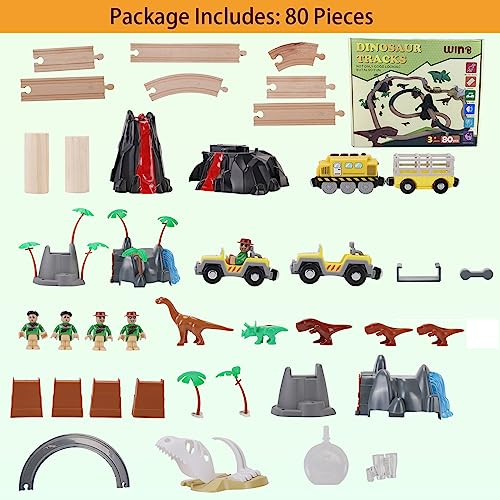 Wooden Train Tracks 80PCS & Dinosaur Wooden Train Sets, Gift Packed Toy Railway Kits for Kids, Toddler Boys and Girls 3,4,5 Years Old and Up– Premium