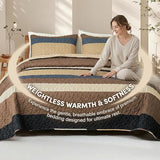 Whale Flotilla Full Queen Size Quilt Set - Reversible Camel Quilts Queen Size with 2 Pillow Shams, Lightweight Boho Striped Bedspreads Coverlet Bedding Set for All Seasons Whale Flotilla