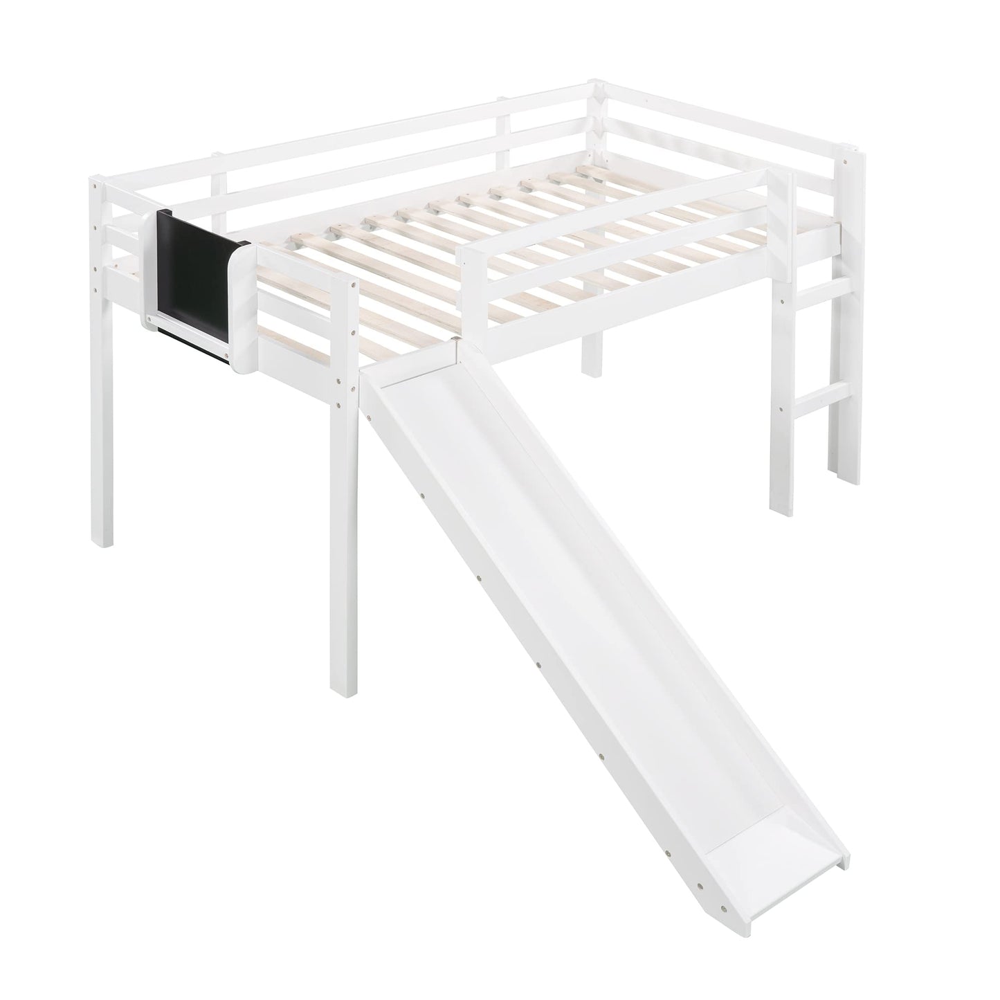 Twin Size Low Loft Bed with Slide,Kids Loft Bed with Chalkboard and Ladder,Wood Low Loft Bed Twin Size for Girls Boys,White