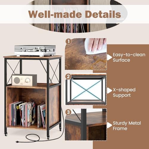 LOKO 3-Tier Rolling Record Player Stand, Mobile Turntable Stand with Power Outlet, Open Shelf & Dividers, Metal Frame, Industrial Vinyl Record Storage Table on Wheels for Living Room, Bedroom LOKO