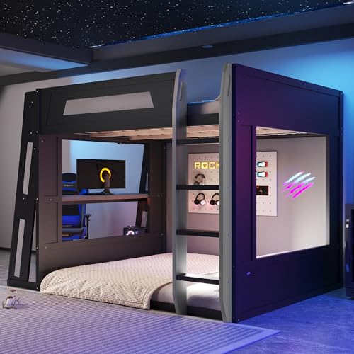MERITLINE Queen Size Gaming Bunk Bed with Built-in Desk, RGB LED Lights & USB Port, Cable Management System & PC Tower Space, Overhead Storage Shelves, Full-Length Guardrails, Black+Grey MERITLINE