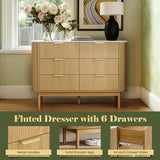 Pamapic Fluted Sideboard Buffet Cabinet, 47" Storage Cabinet with Curved Profile Design & Faux Marble Top, Modern Credenza with 6 Drawers, Wood Buffet Console Table for Living Room, Hallway, Natural Pamapic