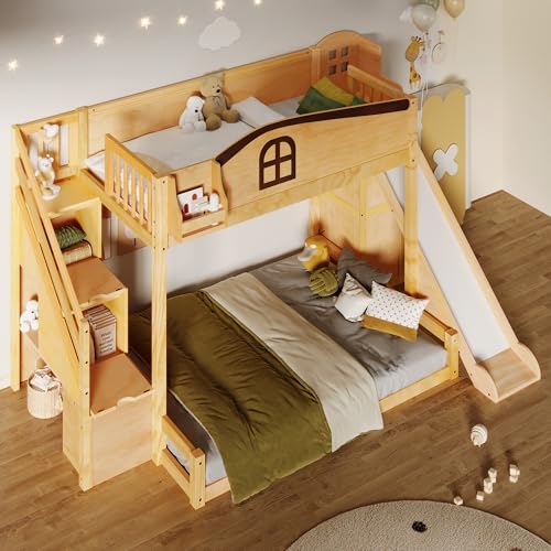 KLMM Twin Over Full Bunk Bed with Storage Staircase, Shelf and Slide,for Kids Teen Boys Girls Bedroom Use (Natural+Espresso-Slide, Twin Over Full) KLMM