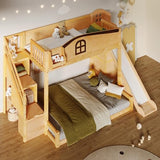 KLMM Twin Over Full Bunk Bed with Storage Staircase, Shelf and Slide,for Kids Teen Boys Girls Bedroom Use (Natural+Espresso-Slide, Twin Over Full) KLMM