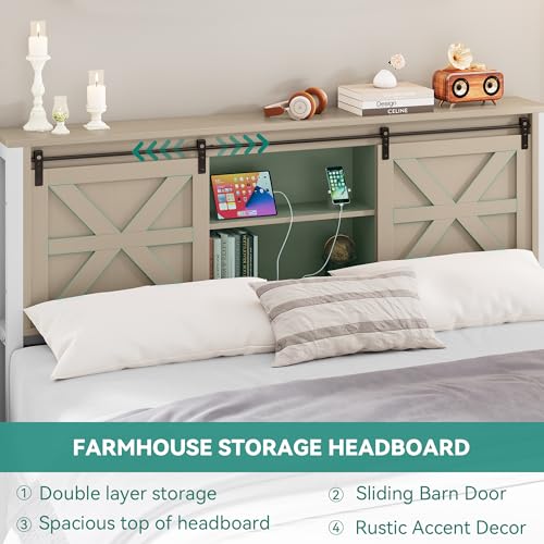 YITAHOME Rustic Oak Farmhouse Queen Bed Frame with Storage Headboard and Charging Station