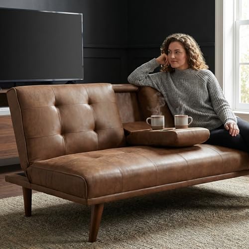 Anwick 66" Futon Sofa Bed with Cup Holders, Modern Brown Leather Loveseat for Living Room, Convertible 2 Seater Sleeper Sofa Couch for Small Compact, Office, Apartment Anwick