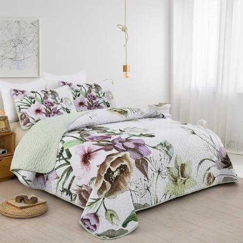 Drucon Floral Quilt Set Twin 2 Pieces Boho Green Floral Quilt Coverlet Set Soft Microfiber Lightweight Green Quilted Bedspread for All Season 68"x 86" Drucon