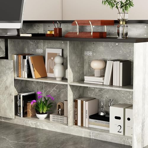 HOMSETTIE 94.5" W Reception Desk with Counter and LED Lights, Modern L-Shaped Front Desk with Drawer & Shelves, Checkout Counter for Reception Room, Retail, Salon, Bar HOMSETTIE