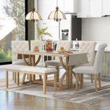 Merax 6-Piece Retro Rectangular Dining Table Set, Table with Unique Legs and 4 Upholstered Chairs & 1 Bench for Dining Room and Kitchen, Natural Wood Wash Merax