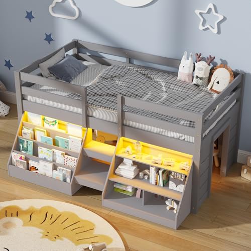 St.Mandyu Twin Size Low Loft Bed with LED Lights, Kids Twin Loft Bed with Stairs, Bookcase, Safety Guardrail and Under-Bed Play Space, Grey St.Mandyu