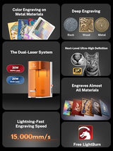 EM-Smart Dual 2, 30W MOPA + 20W Diode Laser Engraver, 100+ Color Metal Engraving, 15000mm/s Fast Laser Engraver and Cutting Machine for Jewelry, Metal, Wood, Leather, Acrylic, Glass, and More EM-Smart