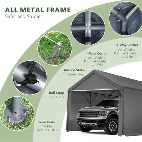 Carport 10x20ft Heavy Duty Canopy,Portable Garage Party Tent,Portable Garage with Removable Sidewalls & Doors All-Season Tarp for Car,Truck,Party Grey Grezone