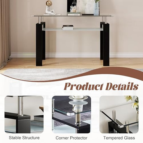AMHDDT 47" 2-Tier Console Table with Tempered Glass Top and MDF Frame, Modern Black Rectangular Glass Entryway Table for Living Room, Apartment, Office, Easy to Assemble AMHDDT