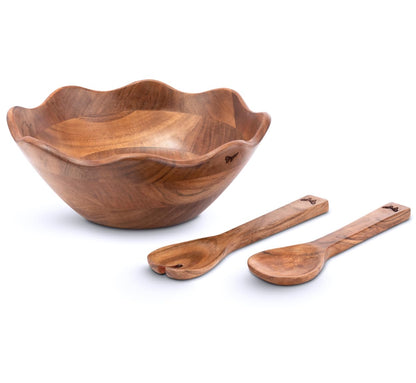 Melvvi Wooden Salad Bowl Set of 3 | 12" Large Acacia Wood Salad Serving Bowl with Servers | Big Pasta & Fruit Bowl | Mixing Bowls | Valentines day Gifts for Him & Her