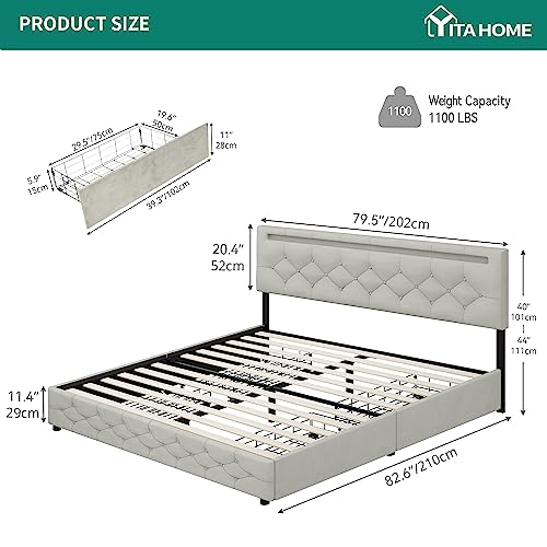 YITAHOME King-Size Upholstered LED Bed Frame with Adjustable Headboard & Underbed Storage - Grey - WoodArtSupply