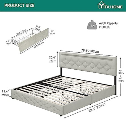 YITAHOME King-Size Upholstered LED Bed Frame with Adjustable Headboard & Underbed Storage - Grey - WoodArtSupply