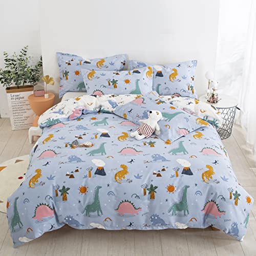 DJY Dinosaur Full Size Duvet Cover Set, Cotton Blue White Reversible Kids Bedding Set for Boys Girls, 3 Pieces Ultra Soft Breathable Comforter Cover Set (1 Duvet Cover+2 Pillowcases) DJY
