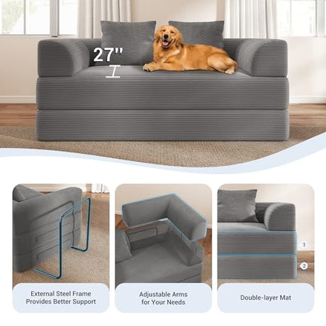 Cloud Boneless Convertible Floor Sofa Bed, 70" 4-in-1 Foldable Compressed Loveseat Lounge Sleeper 2 Seater Couches, High-Density Sponge & Corduroy Fabric Futon Daybed for Living Room Bedroom(Gray) Living&Giving