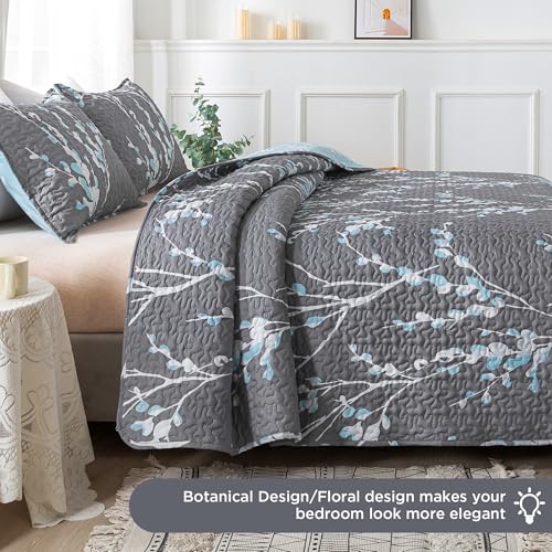 Andency Quilt King Size Grey Blue (106x96 Inch), 3 Pieces Floral Lightweight Bedding Set, Microfiber Reversible Flower Quilted Bedspread Coverlet with 2 Pillowcases for Men Women
