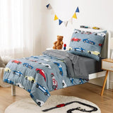 Wake In Cloud - Race Car Toddler Bedding Set for Boys, Cute Colorful Sports Car Supercar Wheels, 4 Pieces Soft Crib Bed Set Including Comforter, Sheets and Pillowcase, Gray Wake In Cloud