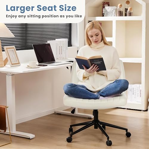 DUMOS Criss Cross Chair with Wheels, Legged Office Armless Wide Desk Seat Dual-Purpose Base, Adjustable Swivel Leather Task Vanity Home Office Desk Seating, Cream DUMOS