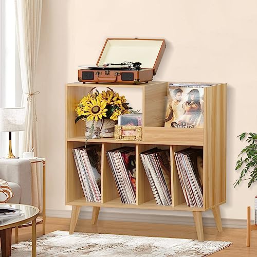 LELELINKY Large Record Player Stand, Turntable Stand with Storage, Vinyl Record Holder with Display Area, Record Player Table Holds Up to 300 Albums, Record Stand for Music room Living Room-Natural LELELINKY