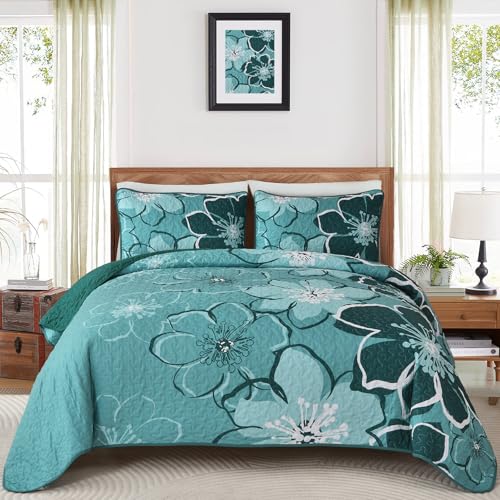 Luxudecor Floral Quilt Set King 3 Pieces Dark Green Flower Quilt Coverlet Set with 2 Pillow Cases, Lightweight Soft Microfiber Reversible Boho Bedspread for All Seasons 108"x92" Luxudecor