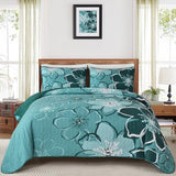 Luxudecor Floral Quilt Set King 3 Pieces Dark Green Flower Quilt Coverlet Set with 2 Pillow Cases, Lightweight Soft Microfiber Reversible Boho Bedspread for All Seasons 108"x92" Luxudecor