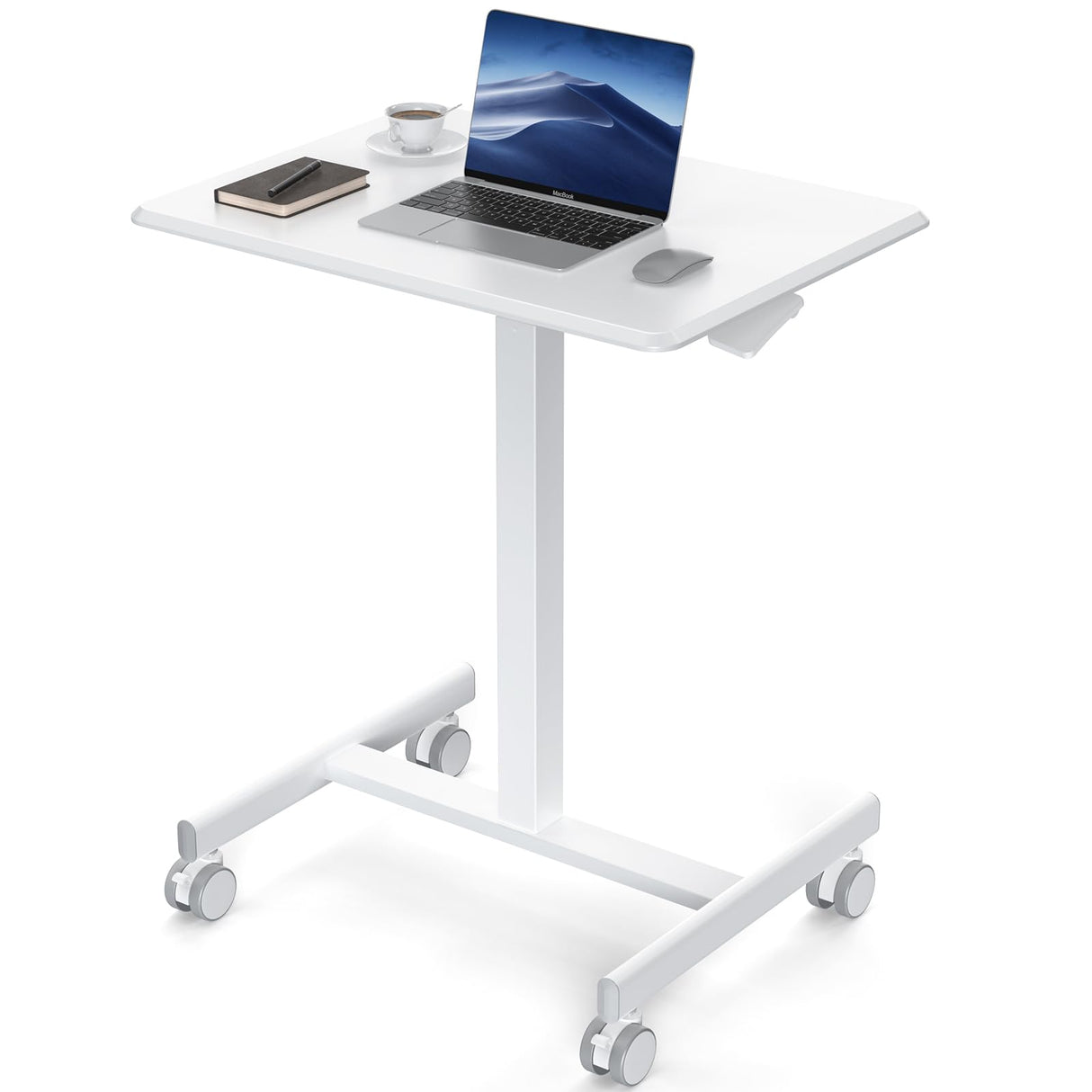 DUMOS Small Standing Desk Mobile Portable Rolling Laptop Desk on Wheels, Adjustable Height Table for Home Office, 19 Inch, Mroden White DUMOS