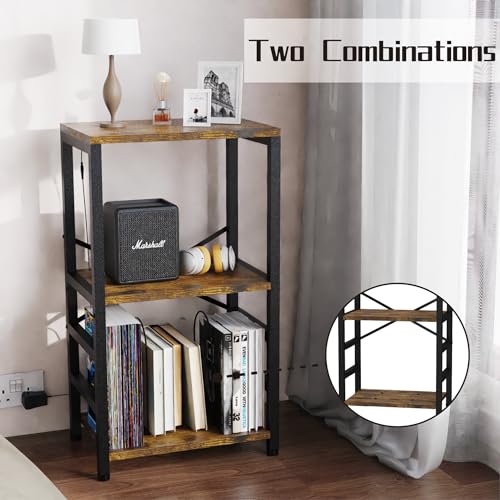 YAKANJ End Table with LED Light,Record Player Stand with Albums Storage,Vinyl Records Storage,Turntable Stand Side Table for Music Room Studio Living Room Bedroom-Retro YAKANJ