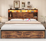 TIGUBFRE King Size Bed Frames with Storage Headboard and 4 Drawers, Farmhouse Platform Bed Frame with Charging Station & LED Lights, Metal Slats Support, Noise Free, No Box Spring Needed, Rustic Brown TIGUBFRE