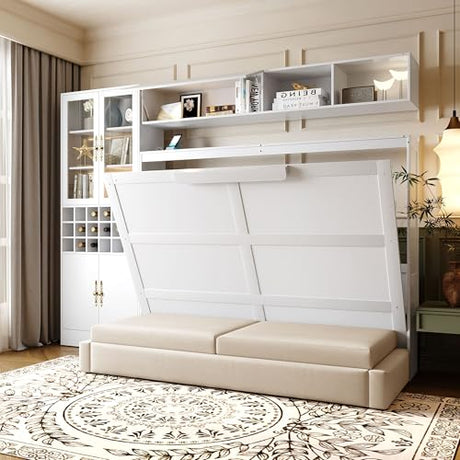 Merax Full Size Murphy Bed Wall Bed with Sofa, Shelves, USB & Light - Space Saving Foldable Bed for Small Apartments, White Merax